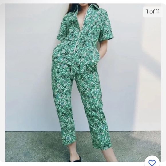 Zara Pants - Zara Green Floral Printed Zip Up Belted Short Sleeve Jumpsuit Size S NWT